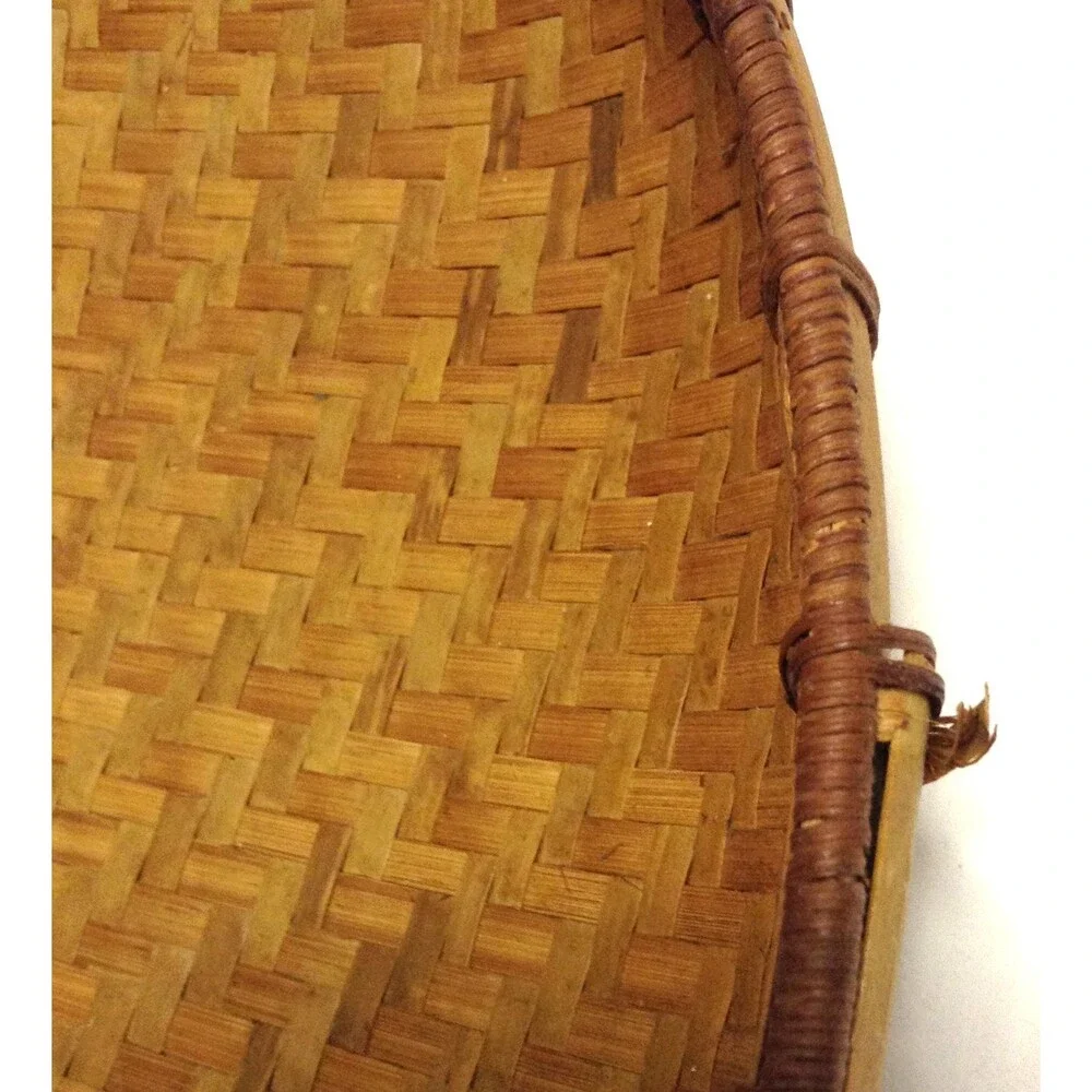 Vtg Bamboo Woven Basket Oval Handmade Storage Gathering Bowl Boho Home Decor 15
